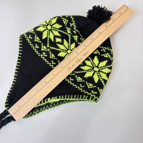Nordic Knit Hat Black Green Pom Pom Bobble One Size Winter Grunge - Picture 7 of 10